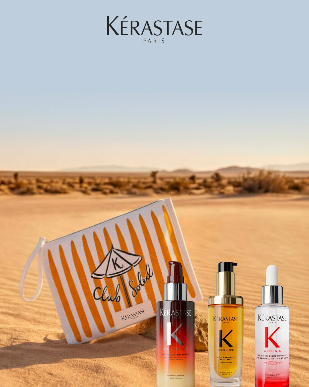 El neceser de playa naranja de Kérastase, fotografiado en una playa junto a nuestros tres productos más vendidos: 8h Magic Night Serum Nutritive, L‘Huile Elixir Ultime y Sérum Genesis.