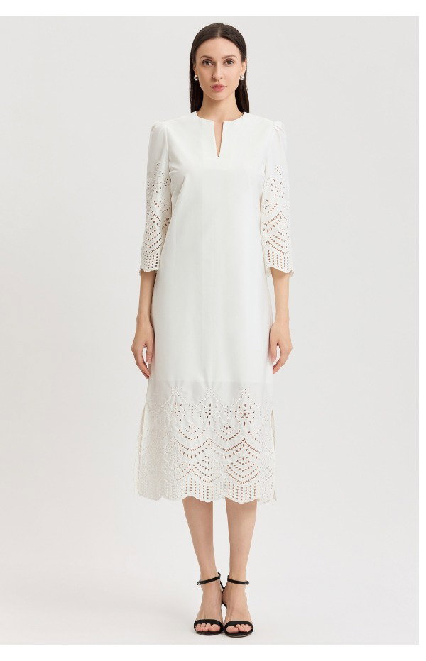 Lined Eyelet Straight Cotton Maxi Dress