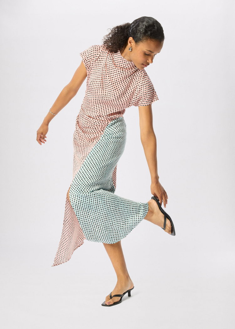 Pink Graphic Check Cowl Neck Dress