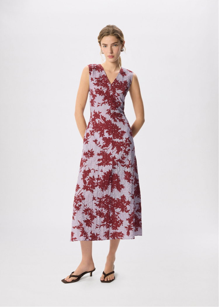 Purple Floral Print Textured Sleeveless Midi Dress