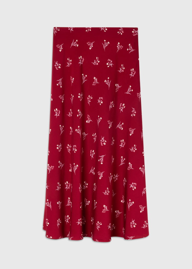 Burgundy Floral Fit And Flare Midi Skirt
