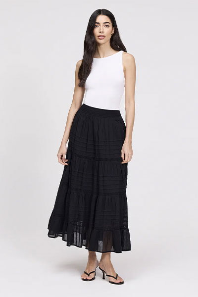 Imani black Cotton Lace Tiered Midi Skirt