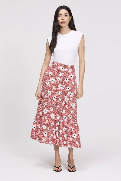 Isla Red Ditsy Tiered Button-Through Midi Skirt