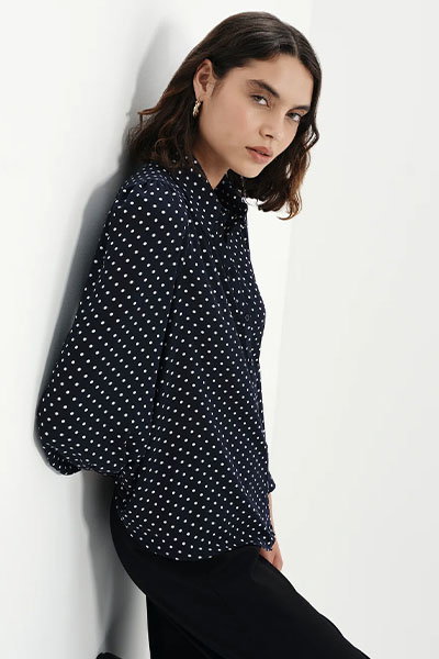 Melina Navy Polka Dot Button Through Lightweight Yoke Blouse