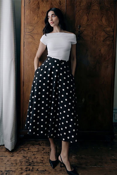 Meeka Black Polka Dot Cotton A-Line Midi Skirt