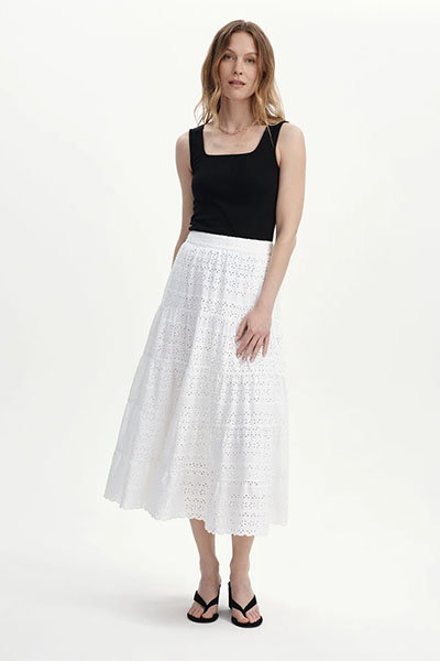 Siobhan White Cotton Broderie Tiered Midi Skirt