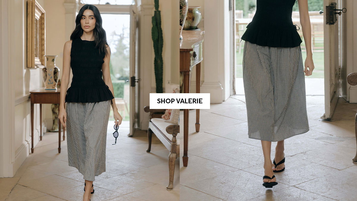 Valerie Black Gingham Cotton Shirred Waist Midi Skirt