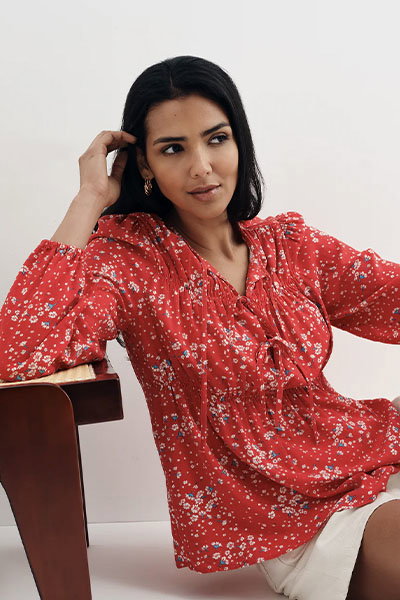 Roisin Red Ditsy Bow Front Elasticated Long Sleeve Blouse