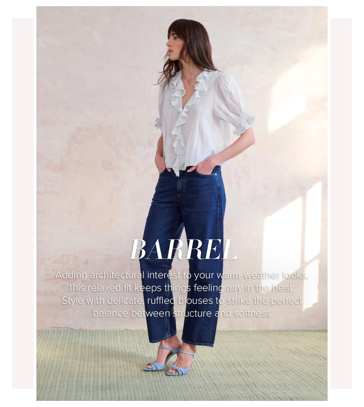 Adding architectural interest to your warm-weather looks, this relaxed, fit keeps things feeling airy in the heat. Style with delicate, ruffled blouses to strike the perfect balance between structure and softness