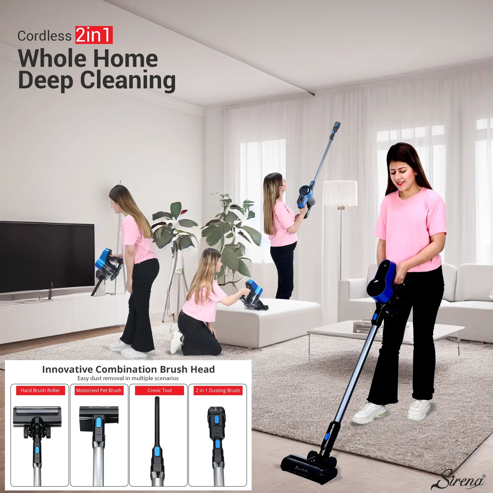 Sirena ProFlex shown in multiple whole-home cleaning modes