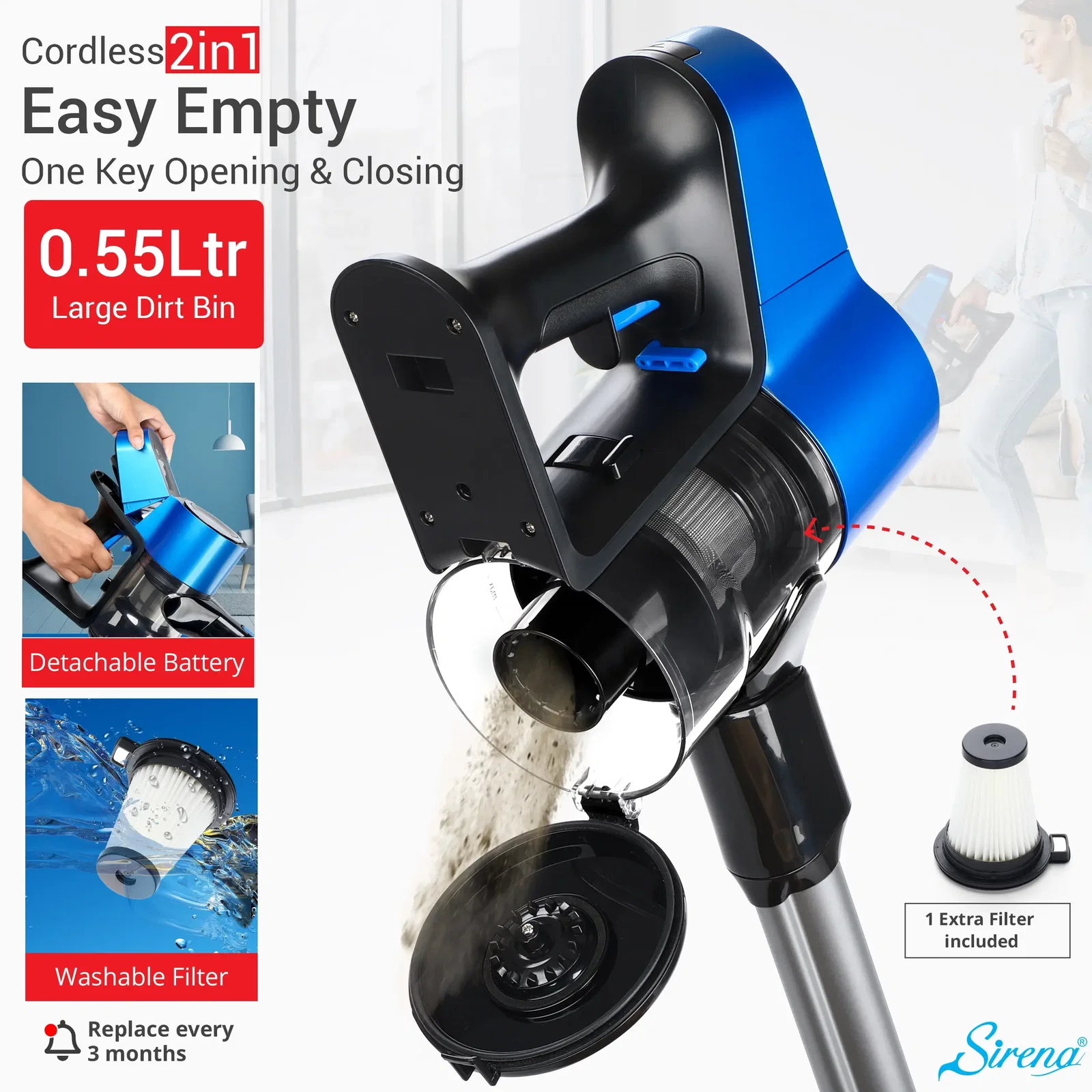 Sirena ProFlex battery, washable filter, and easy-empty dirt bin details