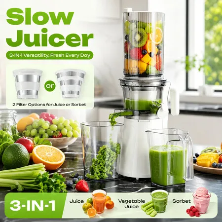 Cold Press Slow Juicer Machine 12cm Large Feed Chute Whole Fruit Masticating Vegetable Processor Easy Clean Juice Extractor Slower Sorbet Maker 200W