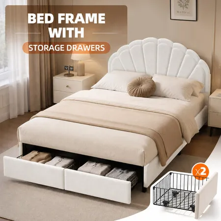 Double Bed Frame with 2 Storage Drawers Upholstered Mattress Base Headboard Wooden Slats Support Metal Platform Sleeping Foundation Bedroom Furniture