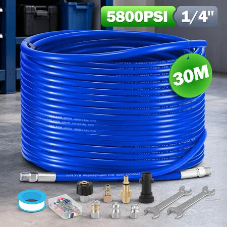 30m Sewer Jetter Kit for High Pressure Washer Blaster 5800PSI Drain Pipe Cleaner Hose 1/4 Inch NPT Corner Cleaning Button Nose Rotating Jetting Nozzle