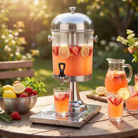8L Drink Dispenser Hot and Cold Beverage Container Server Juice Lemonade Iced Tea Soda Coffee Water Pitcher Bar Party Stainless Steel Stand Drip Tray