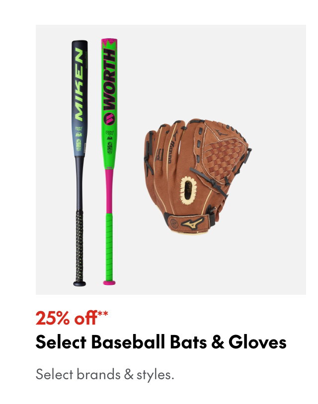 Select Baseball Bats & Gloves
25% off
Our ticket price. Select brands & styles.