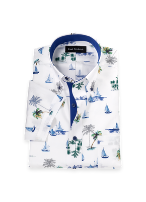 Non-Iron Cotton Novelty Short Sleeve Dress Shirt With Contrast Trim - White Multi-Classic Fit / 17.5