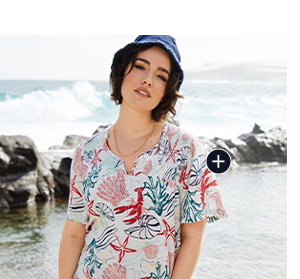 Gesmokte blouse, maritieme print, tuniekhals, korte mouw