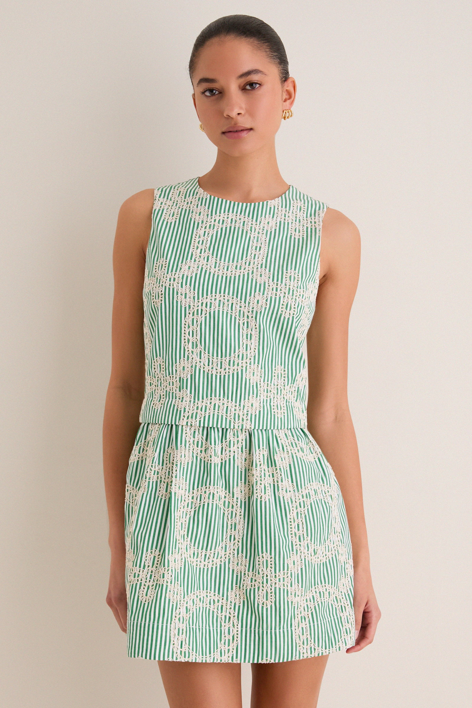 Image of Green Stripe Vintage Embroidery Paige Mini Dress
