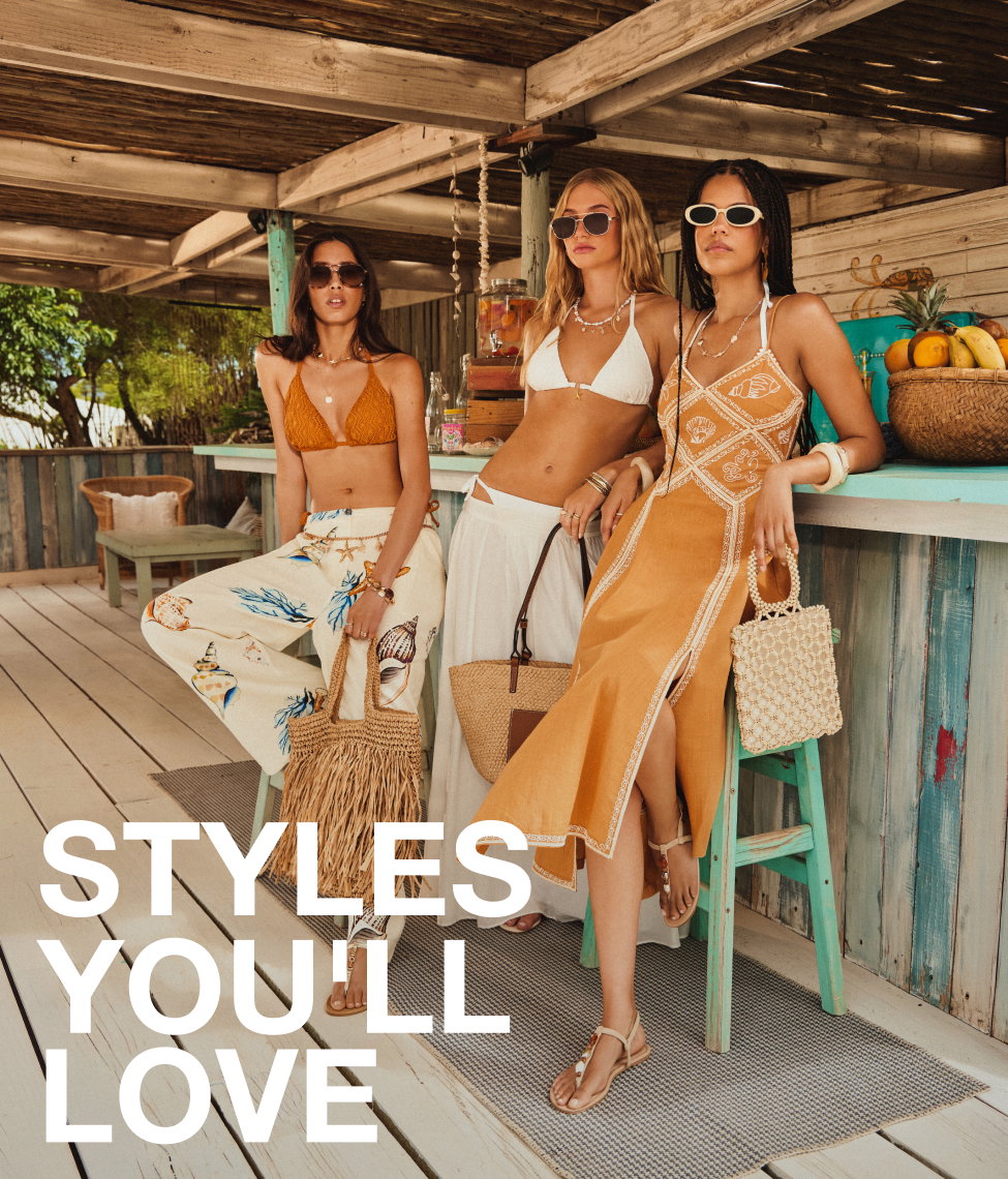 Model wearing a brown co-ord set with loose trousers and an off-shoulder top, styled with sandals, bangles, and a headscarf, sitting on a pouffe with “25% Off Your Personalised Edit” promotional text.