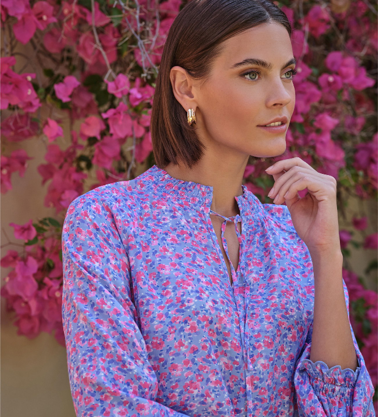 Watercolour Pansy Shirred Neck Blouse