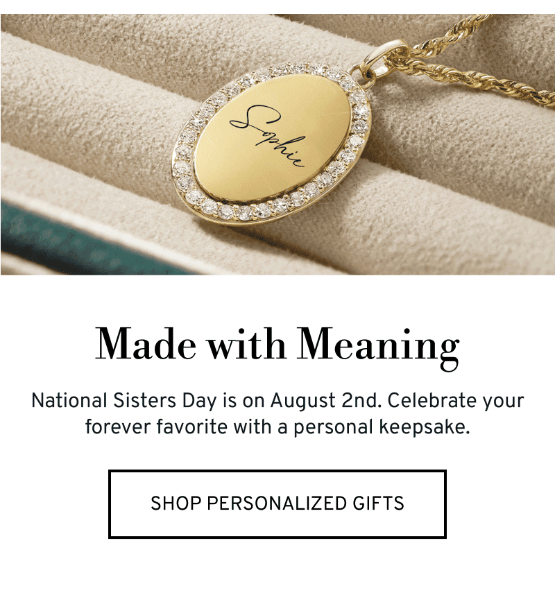Gold personalized name pendant in a jewelry box. Gifts for National Sisters Day. Click to Shop Personalized Gifts