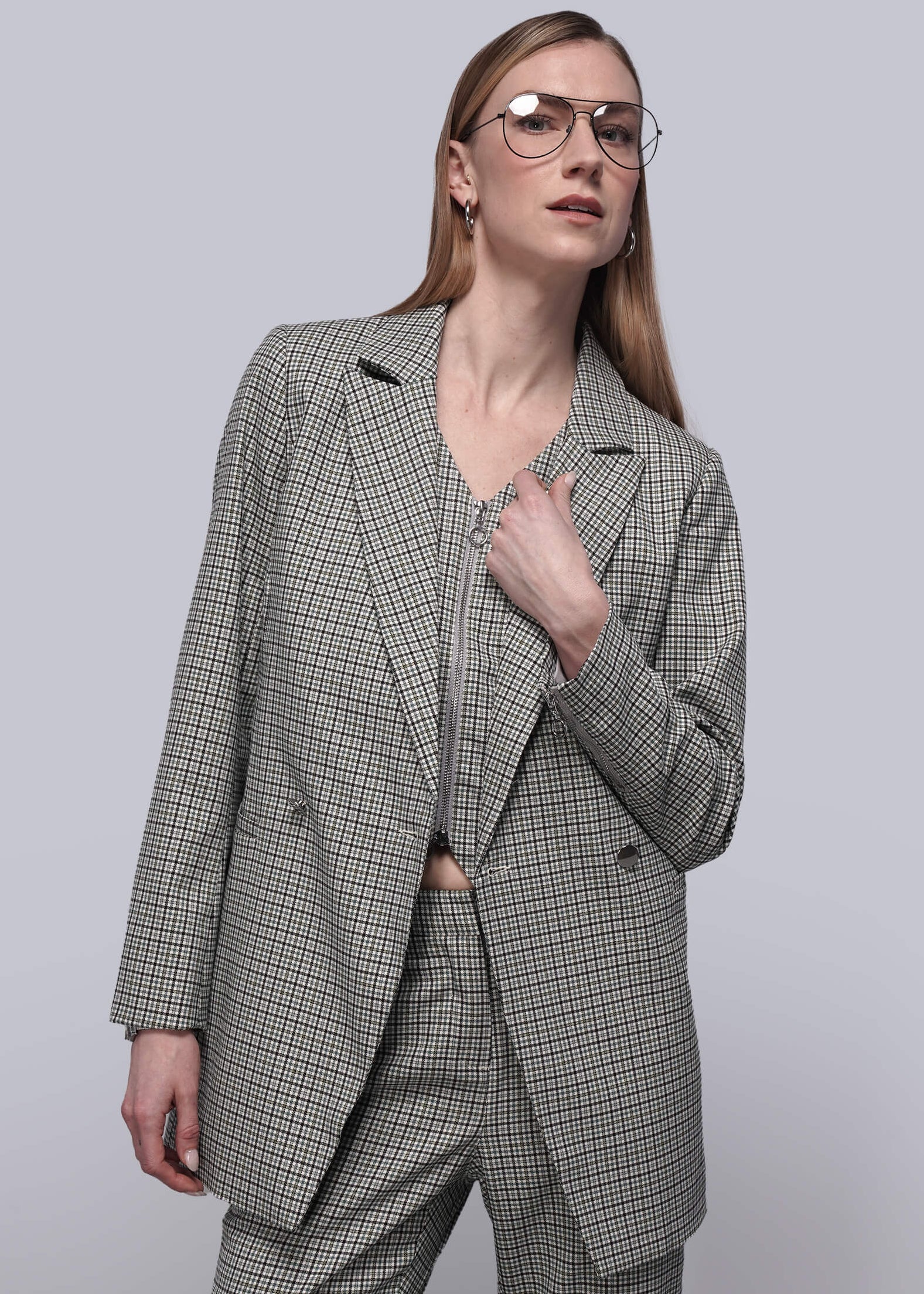 Image of The Empower Plaid Zipper Double Breasted Blazer