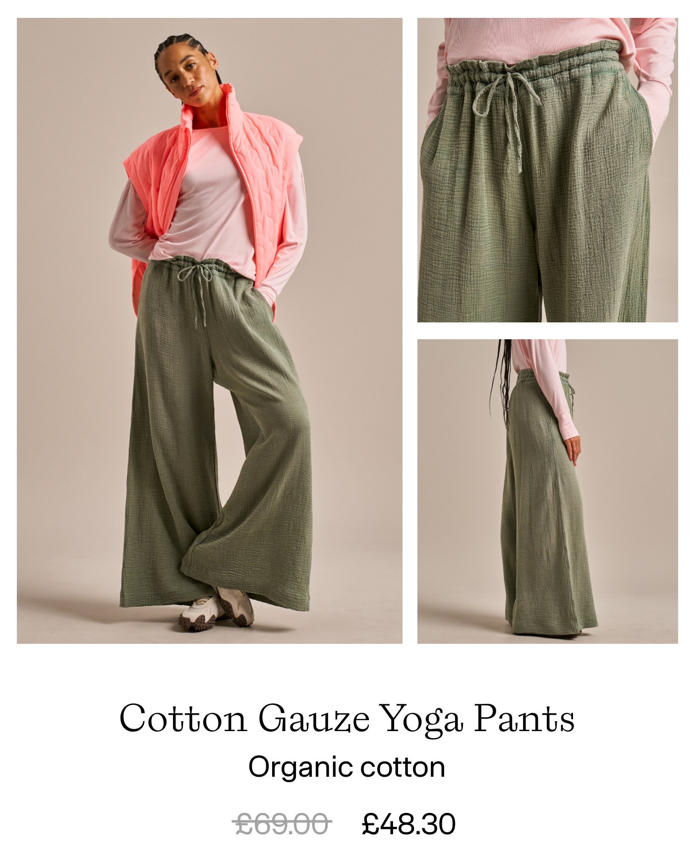 Cotton gauze yoga pants. Organic cotton. Shop now.