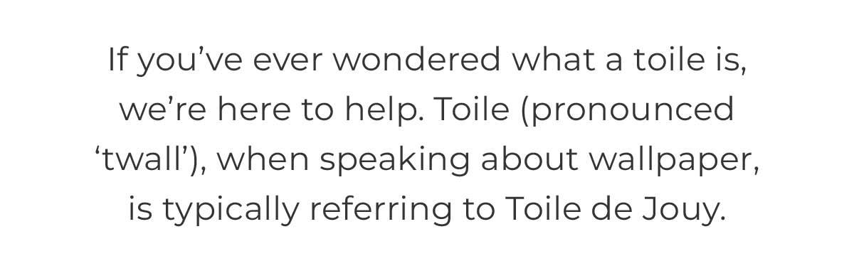 Text box with "If you've ever wondered what a toile is, we're here to help. Toile (pronounced 'twall'), when speaking about wallpaper, is typically referring to Toile de Jouy. "