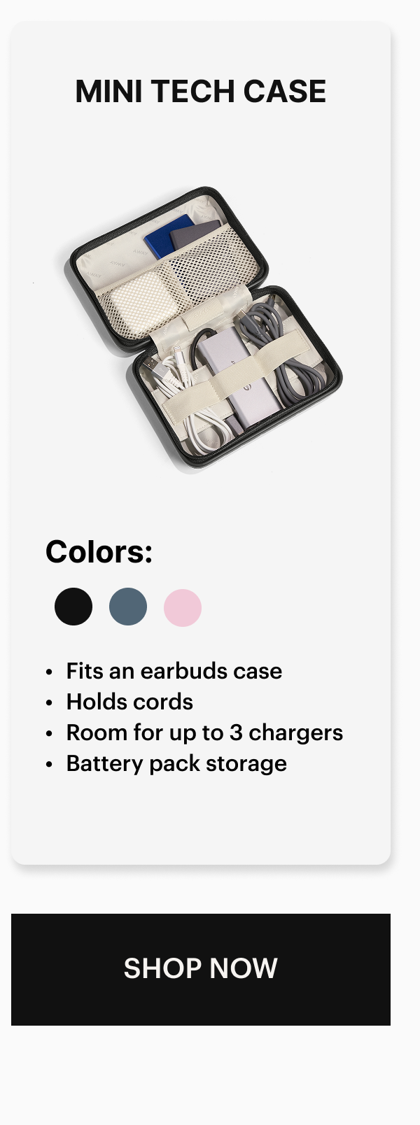 Mini Tech Case | Fits an earbuds case, Holds cords, Room for up to 3 chargers, Battery pack storage