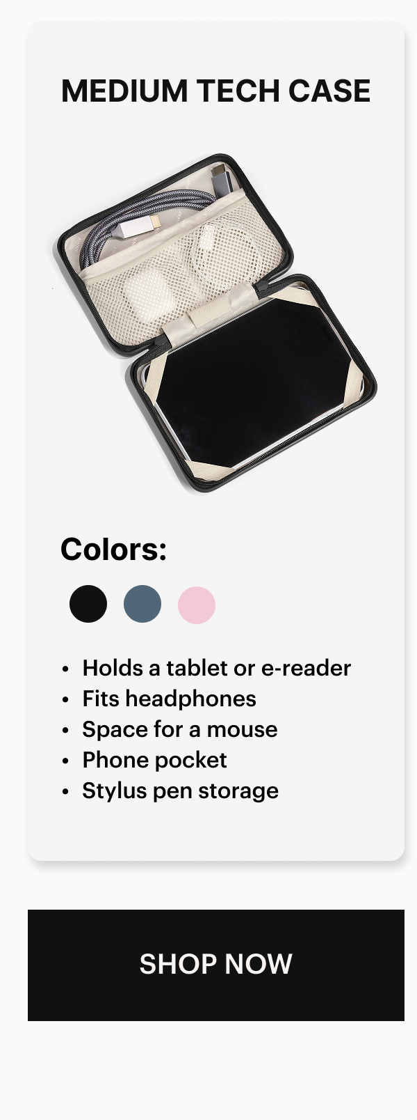 Medium Tech Case | Holds a tablet or e-reader, Fits headphones, Space for a mouse, Phone pocket, Stylus pen storage