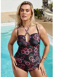 YOURS – Geblümter Neckholder-Badeanzug in Schwarz und Rosa