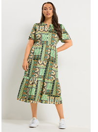 YOURS Patchwork-Kleid in Grün mit kurzer Knopfleiste