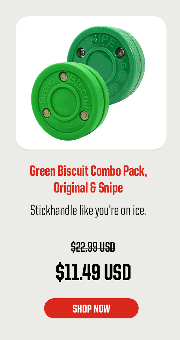 Product Block 6: Green Biscuit Combo Pack, Original & Snipe. Stickhandle like you're on ice. $11.49 USD (was $22.99 USD). CTA: Shop Now