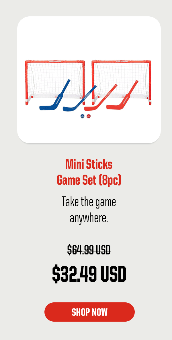 Product Block 4: Mini Sticks Game Set (8pc). Take the game anywhere. $32.49 USD ($64.99 USD). CTA: Shop Now
