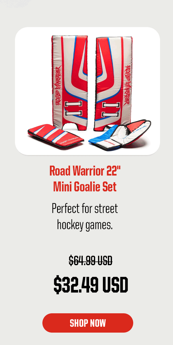 Product Block 2: Road Warrior 22" Mini Goalie Set. Perfect for street hockey games. $32.49 USD (was $64.99 USD). CTA: Shop Now
