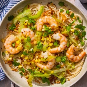 Viet-Cajun Garlic-Butter Rice Noodles with Corn and Shrimp