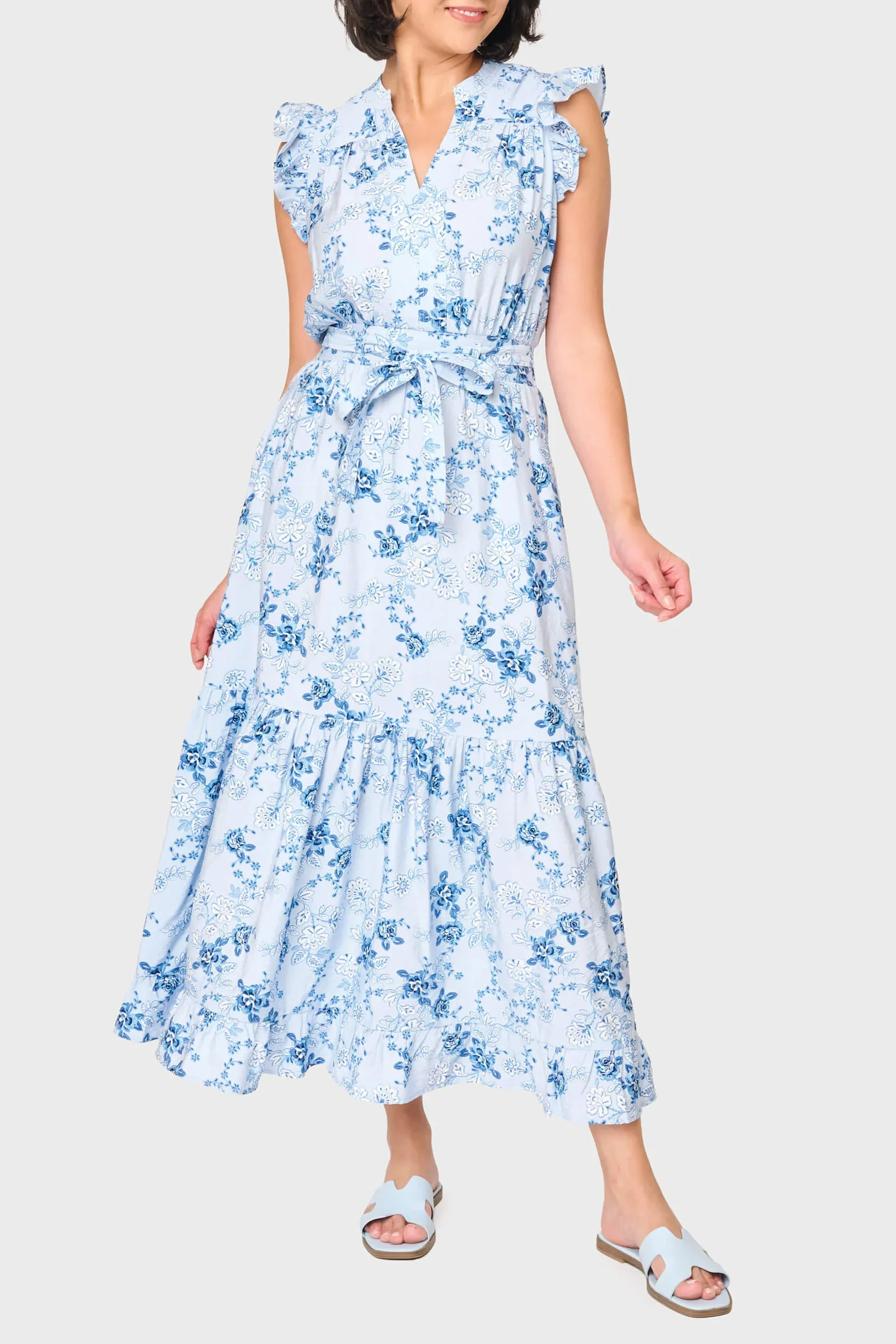 Image of Notch Neck Flutter Sleeve Maxi Dress