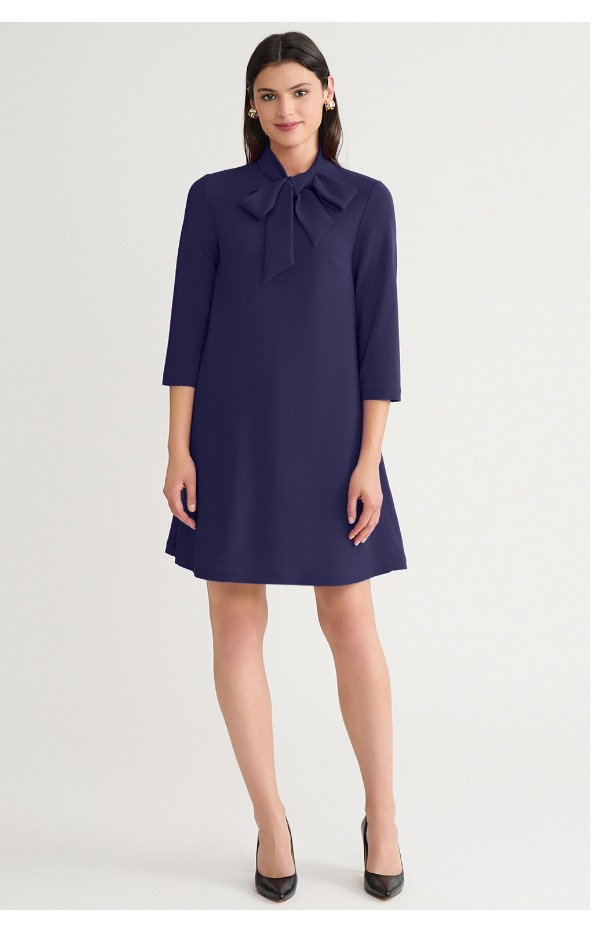 Stretch Deco Crepe Tie-Neck Tent Dress, Indigo