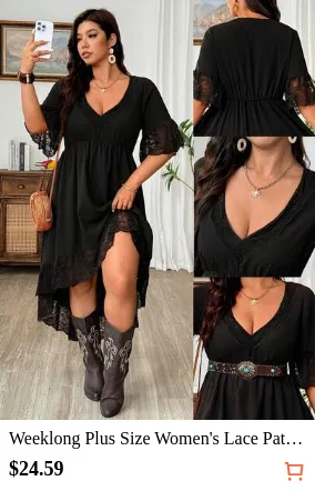 Weeklong Plus Size Women's Lace Patchwork Waist-Cinching Music Festival Dress