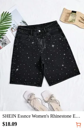 SHEIN Essnce Women's Rhinestone Embellished Washed Straight Leg Denim Shorts