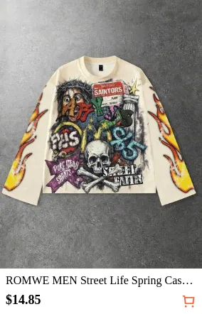 ROMWE MEN Street Life Spring Casual Graphic Men'S Skeleton Print Long Sleeve T-Shirt, Vintage Street Style