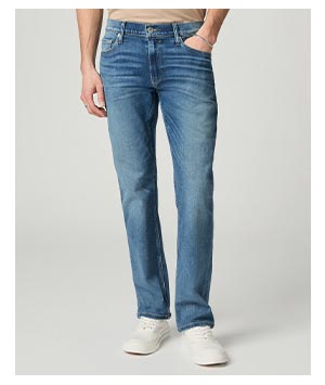 Image of a man's legs in a pair of vintage wash inspired denim jeans.