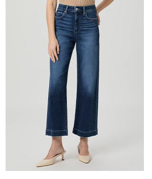 Image of a woman's legs in a pair of dark blue wide leg denim jeans.