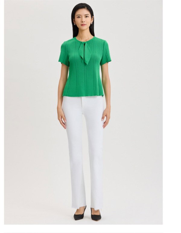 Tonal Faux Tie Neck Soft Ribbed Knit Top