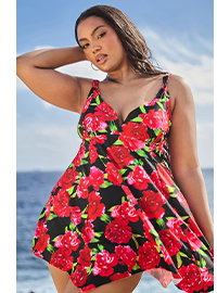 YOURS - Robe de Bain Noire Floral Rouge Ourlet Roulanté