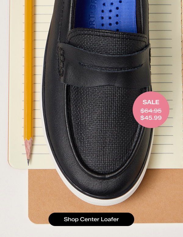 An overhead view of the Center III Leather Loafer in black atop a notebook and alongside a pencil. A pink circle shows the style was $64.95 and is on now sale for $45.99. Shop Center Loafer