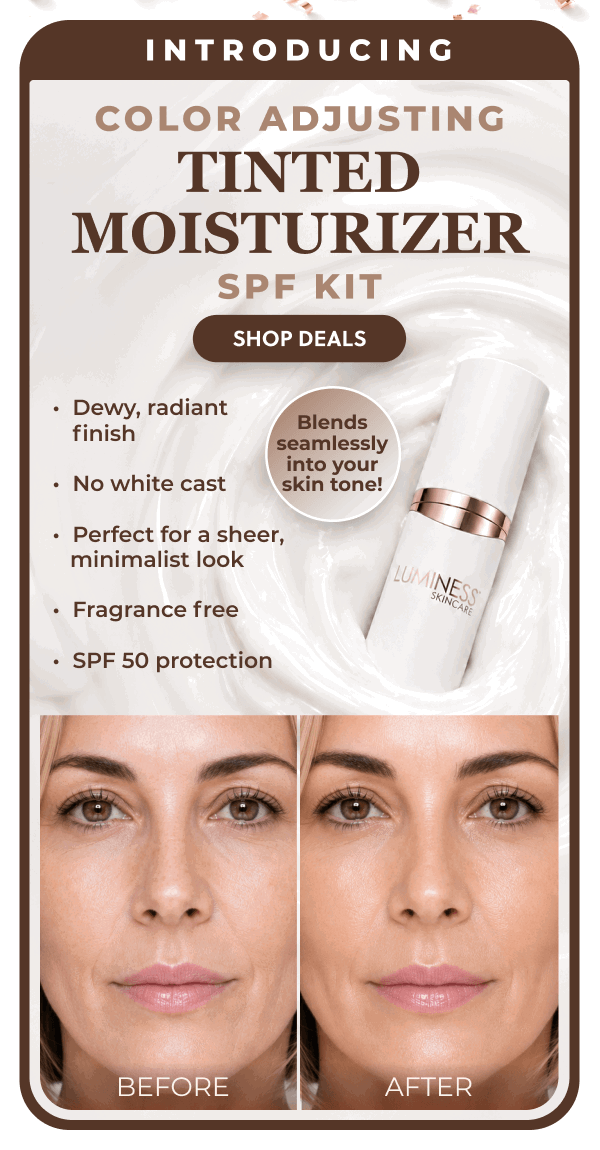 INTRODUCING COLOR ADJUSTING TINTED MOISTURIZER SPF KIT: Dewy, radiant finish. No white cast. Perfect for sheer, minimalist look. Fragrance free. SPF 50 protection.