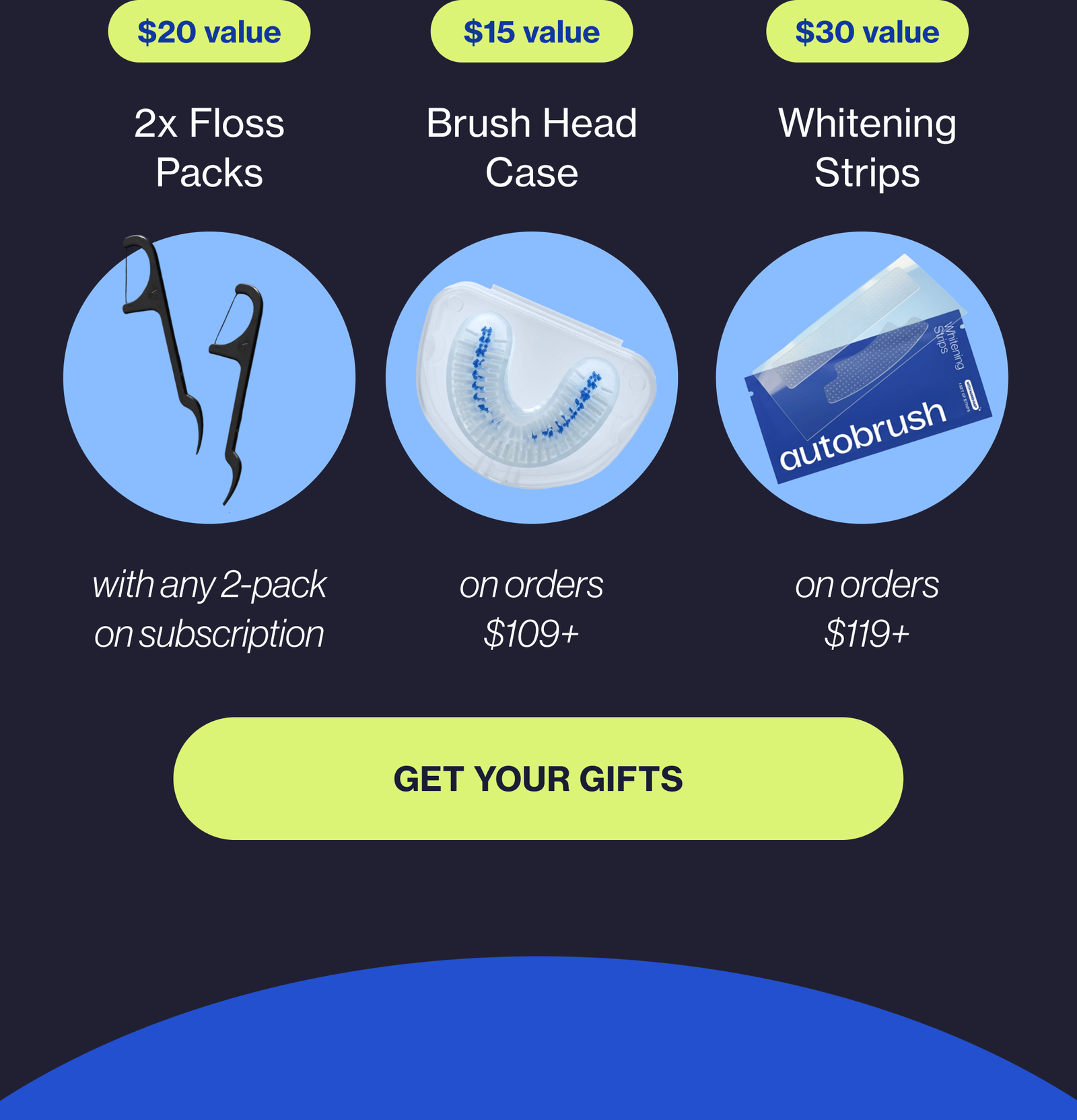 $20 value $15 value $30 value 2x Floss Packs Brush Head Case Whitening Strips with any 2-pack on subscription on orders $109+ on orders $119+ GET YOUR GIFTS
