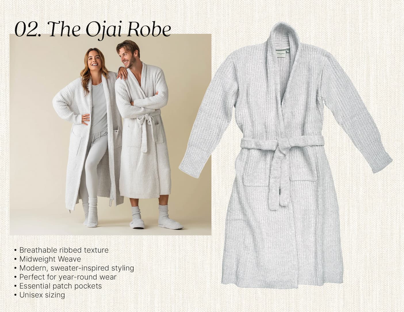 2. Ojai Robe  Models wearing the Kashwére Ojai Robe alongside a product image in Ice Blue. This midweight, ribbed robe features sweater-inspired styling, patch pockets, and a unisex fit designed for year-round comfort.